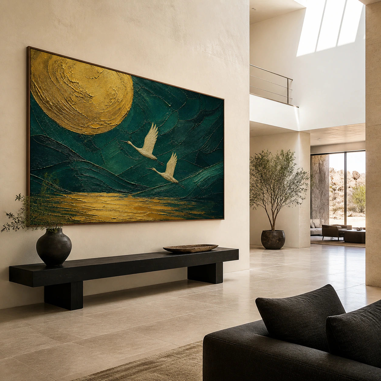 Gilded-Flight installed at gallery scale in a light-filled foyer.