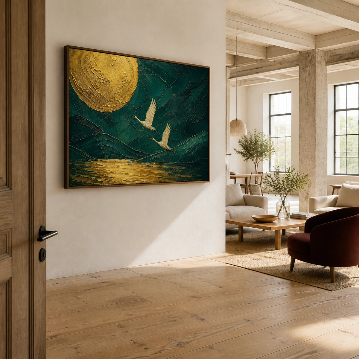 Gilded-Flight as a large focal point in an expansive hospitality loft.