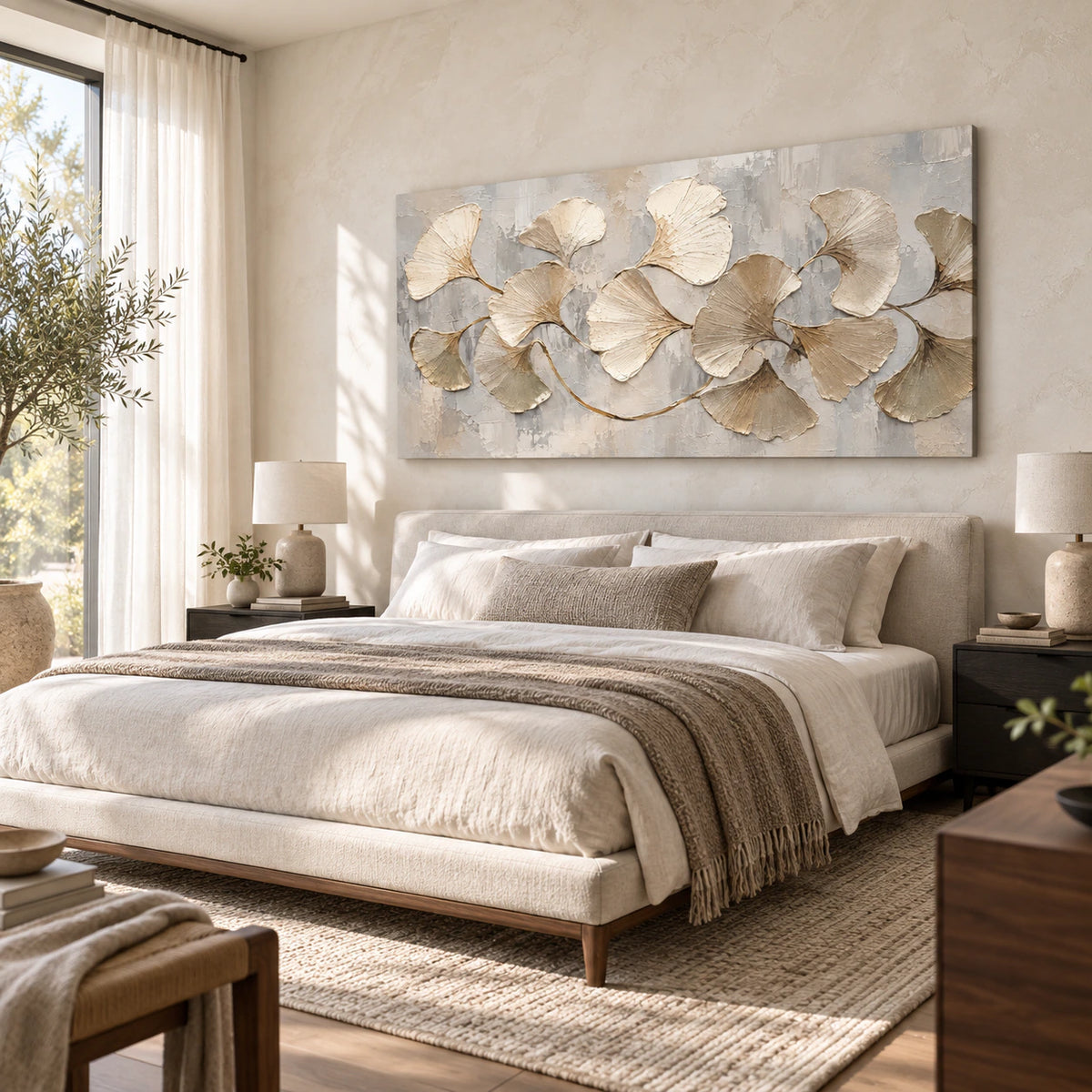 Horizontal ginkgo artwork above a quiet, softly lit bedroom setting.