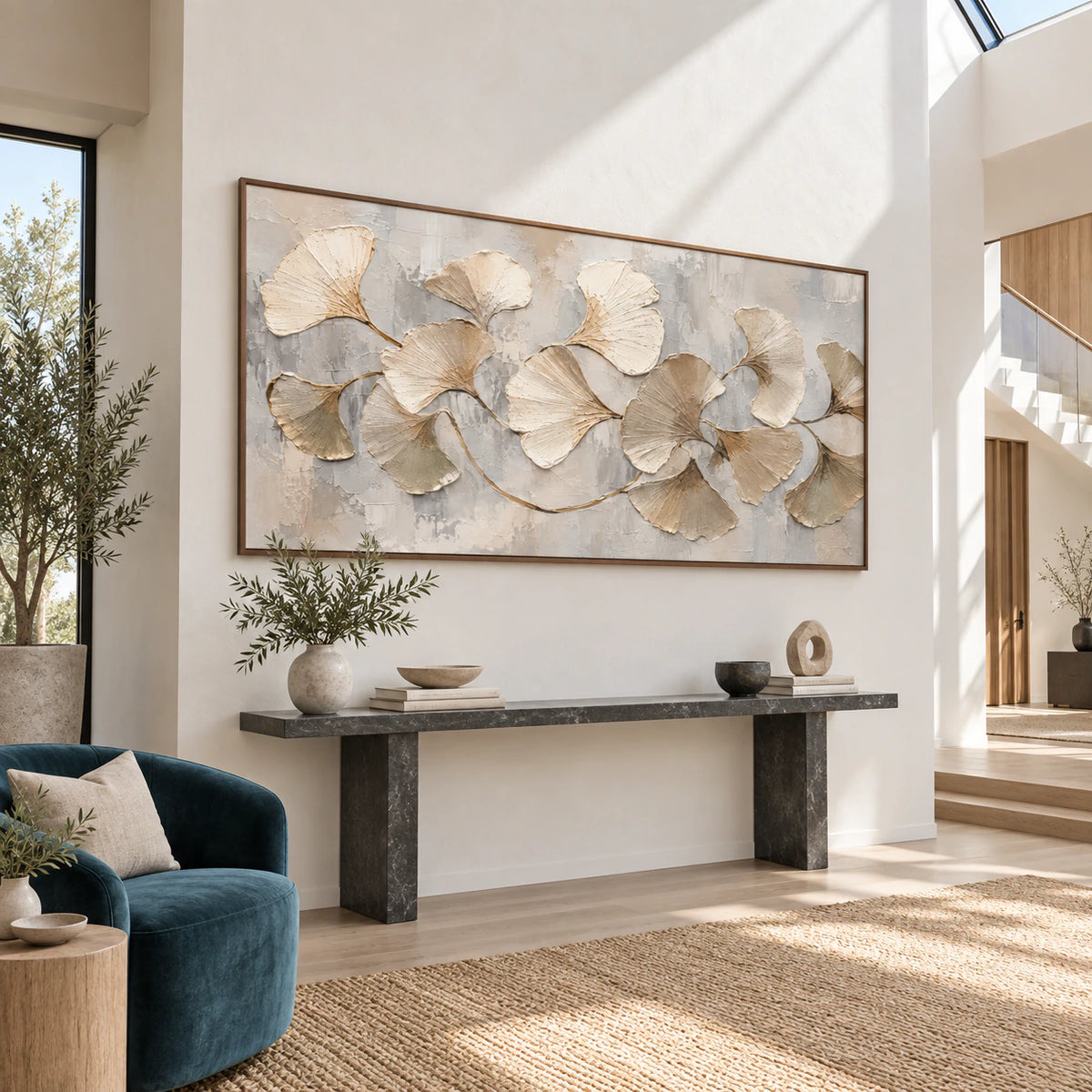 Large botanical relief artwork in a gallery-scale daylight foyer.