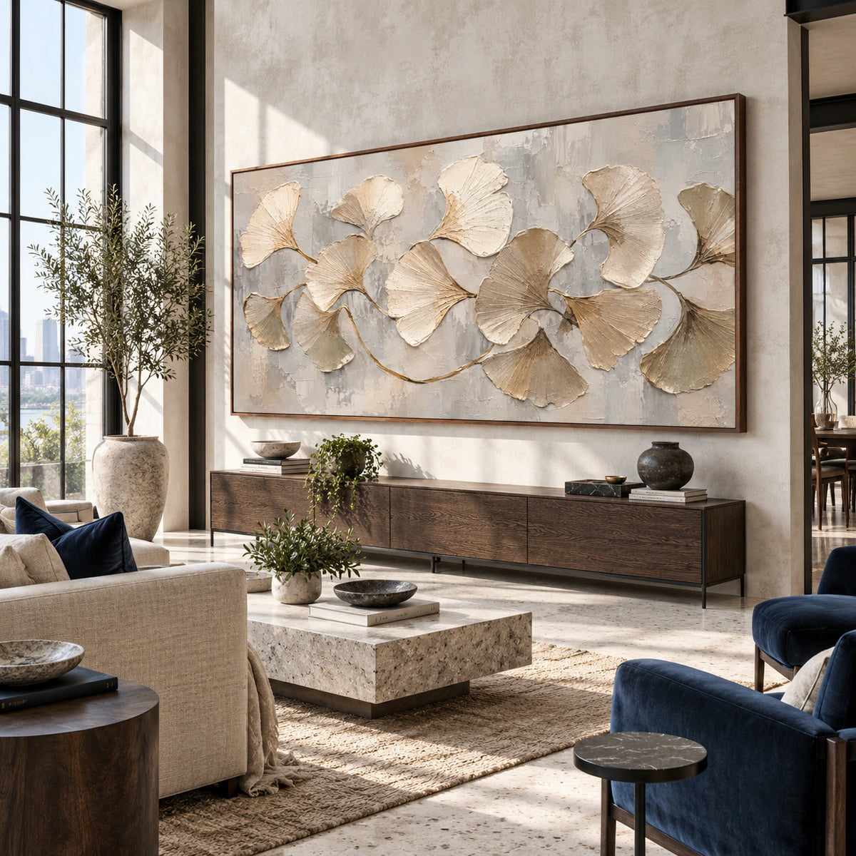 Textured ginkgo artwork in an expansive contemporary hospitality loft.