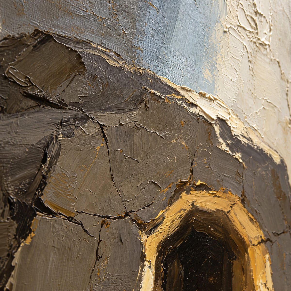 Gilded-Grotto oil painting brushwork and impasto detail photographed from an oblique side angle