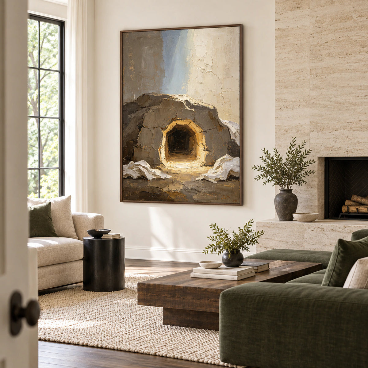Gilded-Grotto as the focal artwork in a bright contemporary living room.