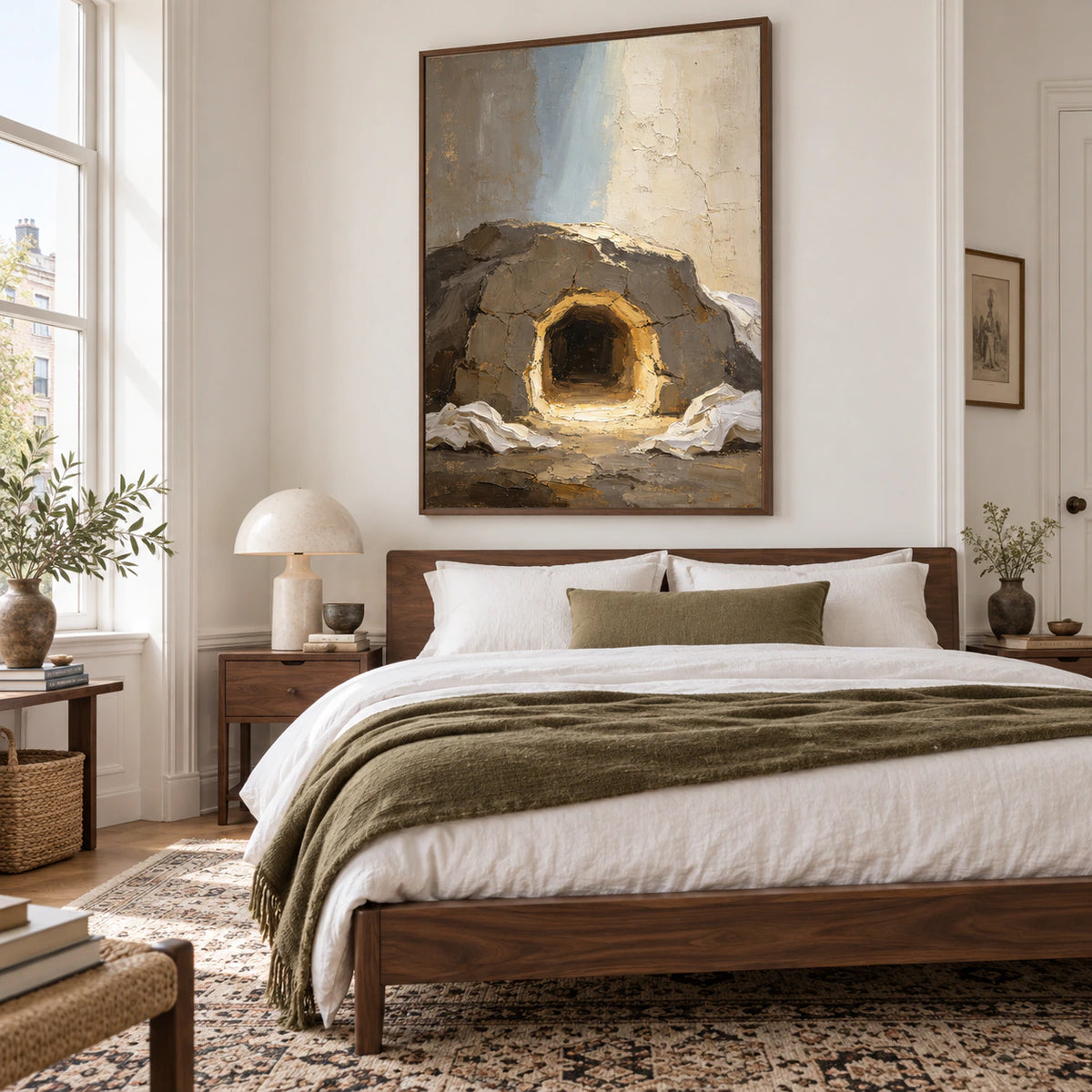 Gilded-Grotto above a calm, softly lit bedroom setting.