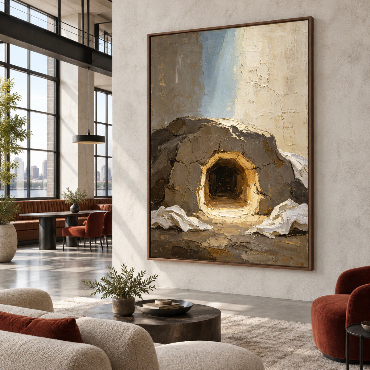 Gilded-Grotto as a large focal artwork in an expansive hospitality loft.