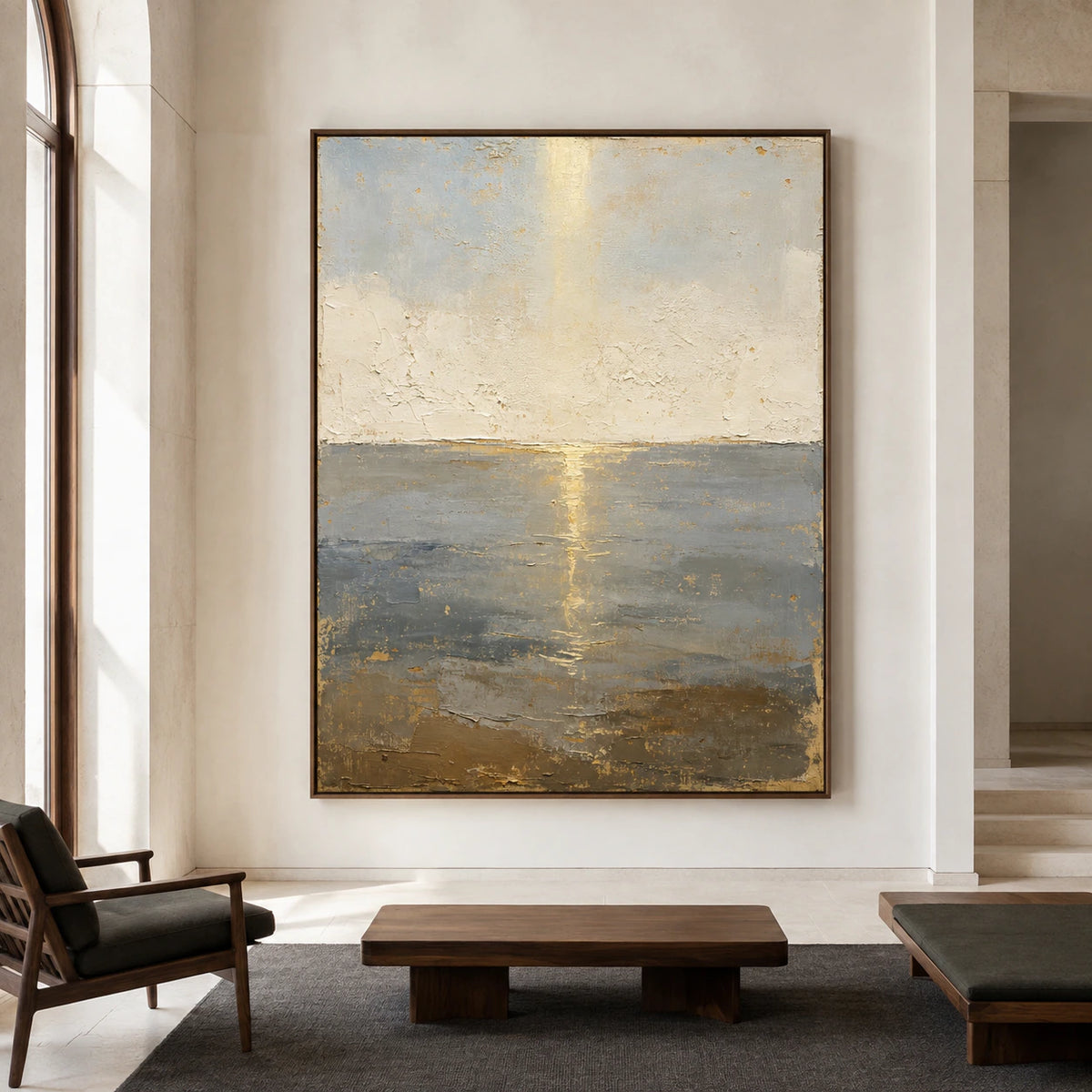 Large vertical Gilded-Horizon painting shown straight-on in a spacious sunlit architectural living space.