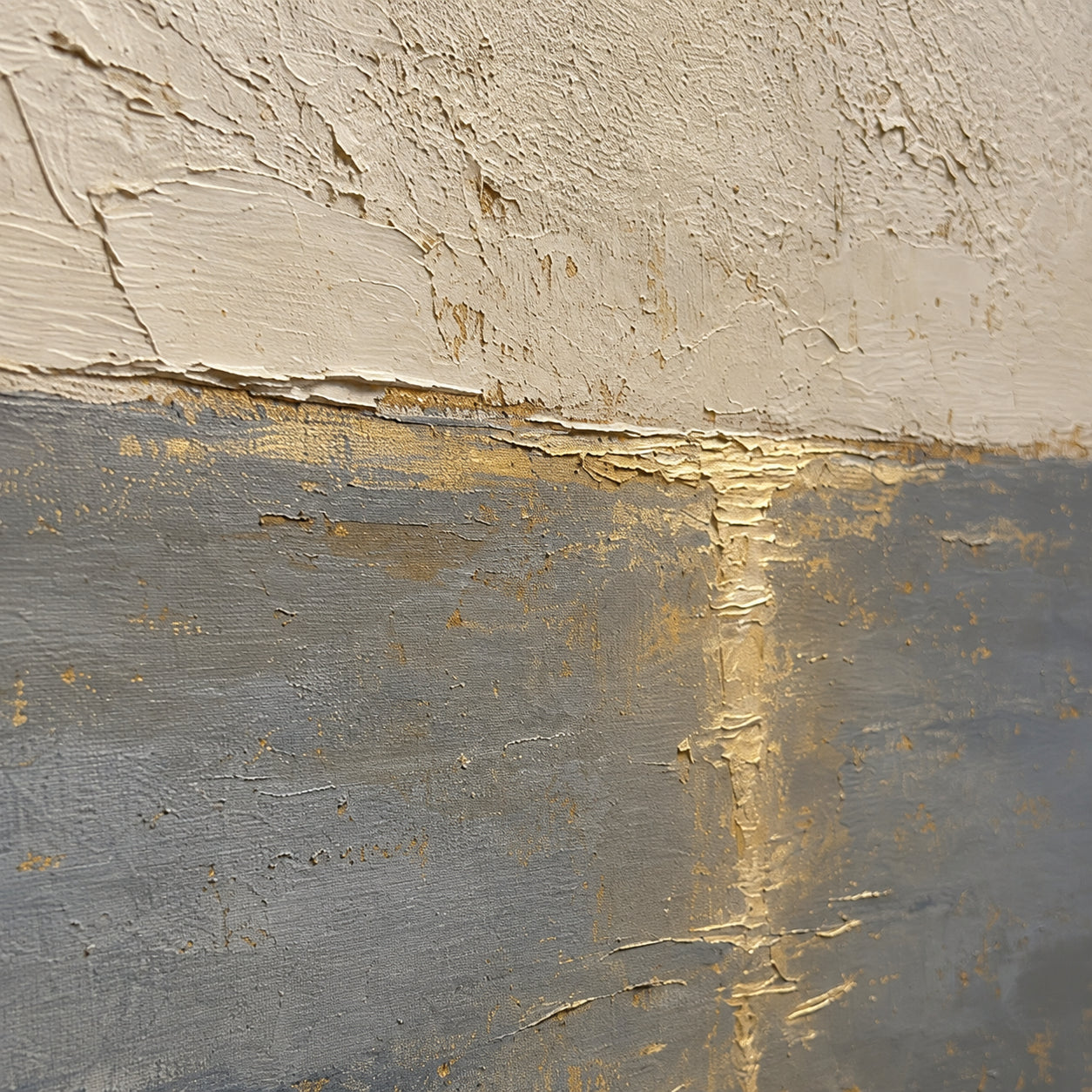 Gilded-Horizon oil painting brushwork and impasto detail photographed from an oblique side angle