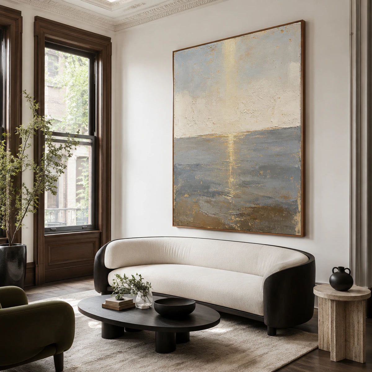 Gilded-Horizon displayed prominently above a sculptural sofa in a bright living room.