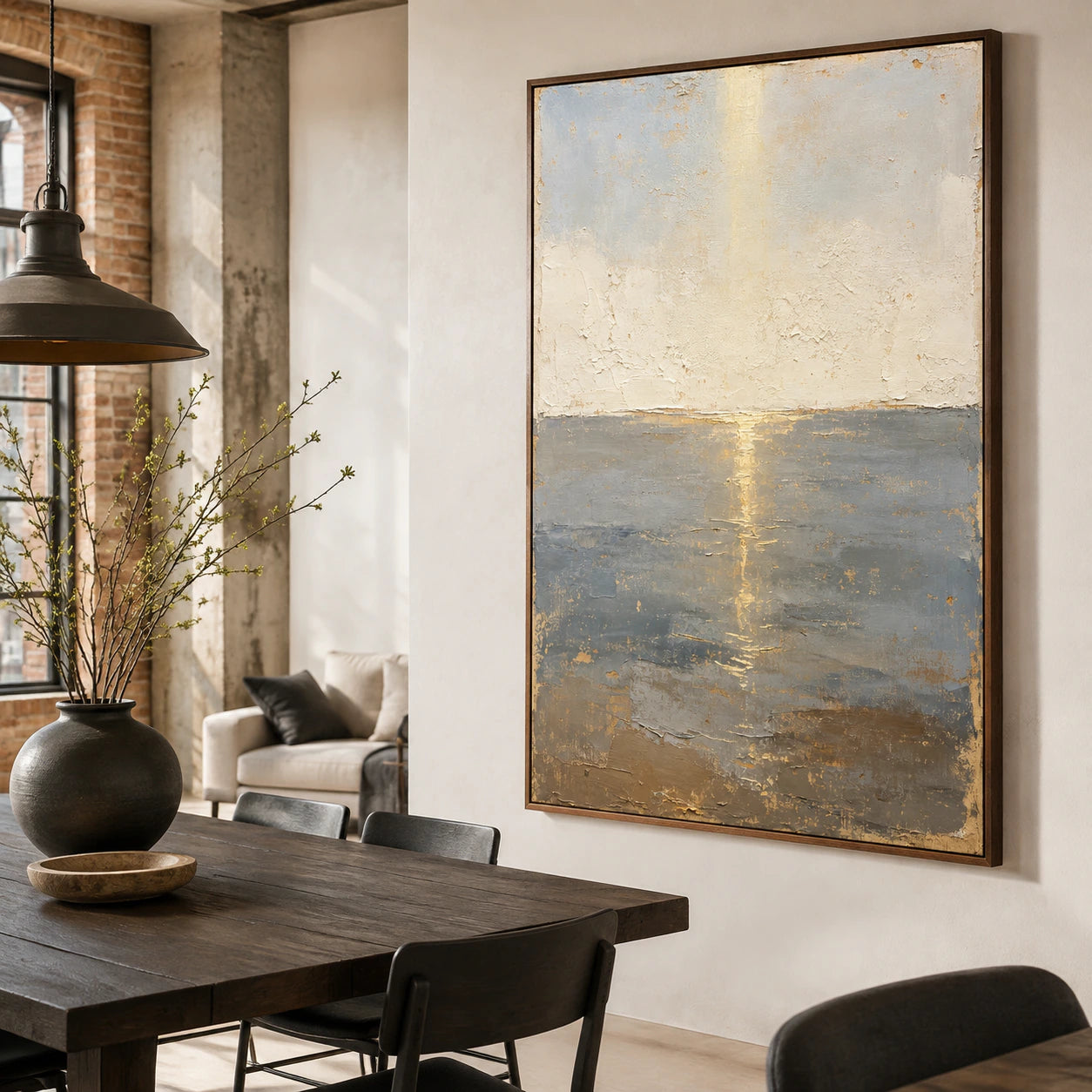 Gilded-Horizon as the focal artwork in a refined daylight dining room.