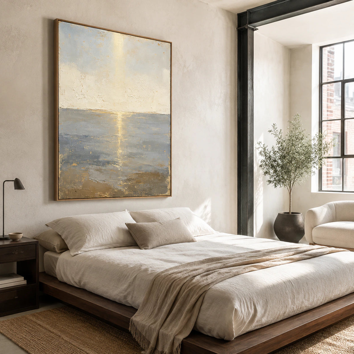 Gilded-Horizon above a low bed in a quiet, light-filled bedroom.