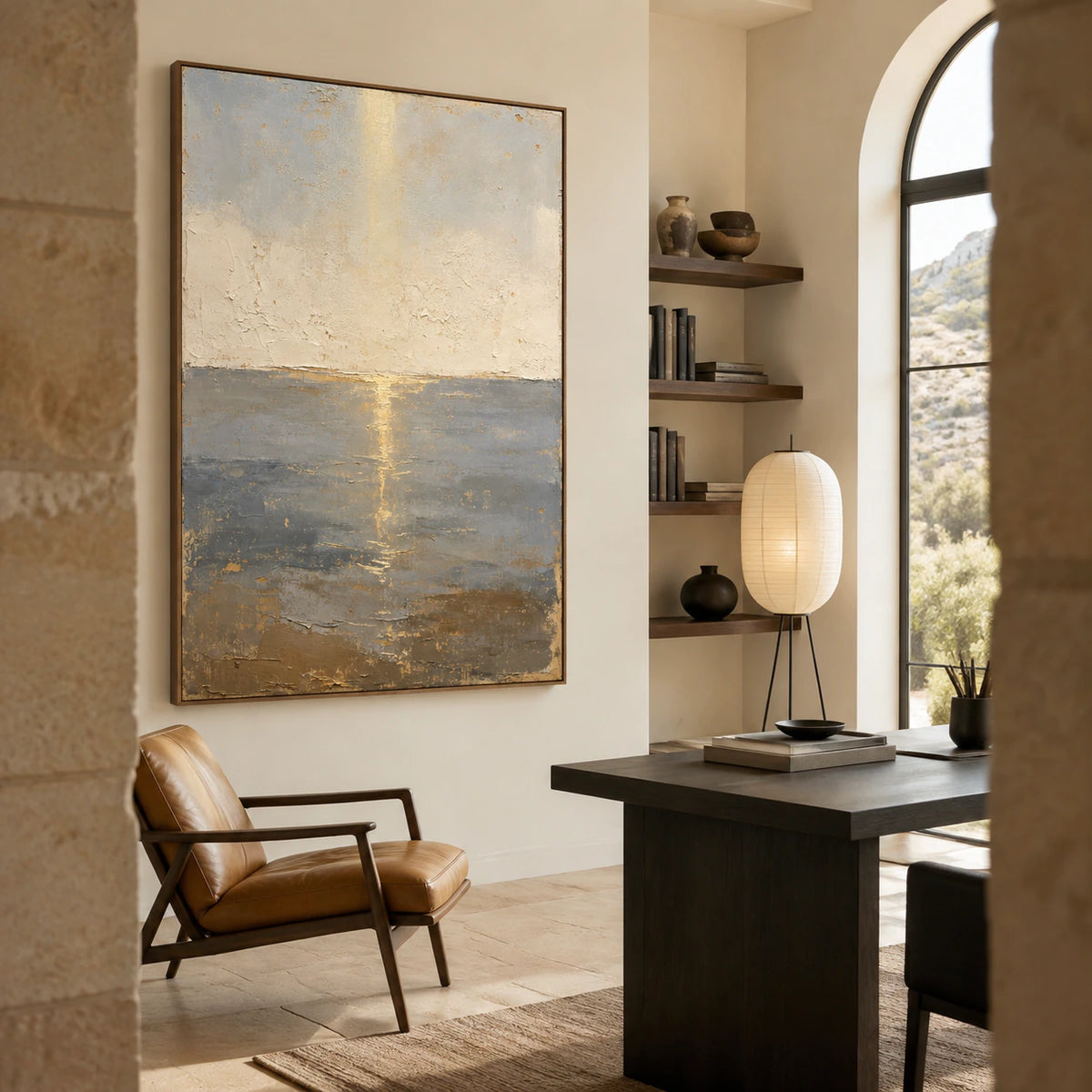 Gilded-Horizon displayed prominently in an airy reading and home office space.
