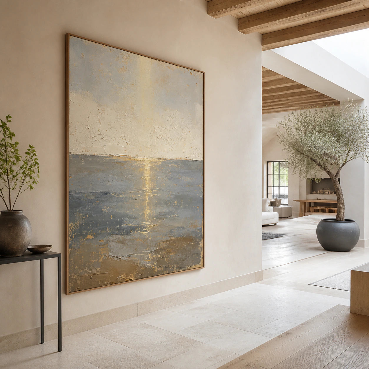 Large Gilded-Horizon painting in a gallery-scale daylight foyer.