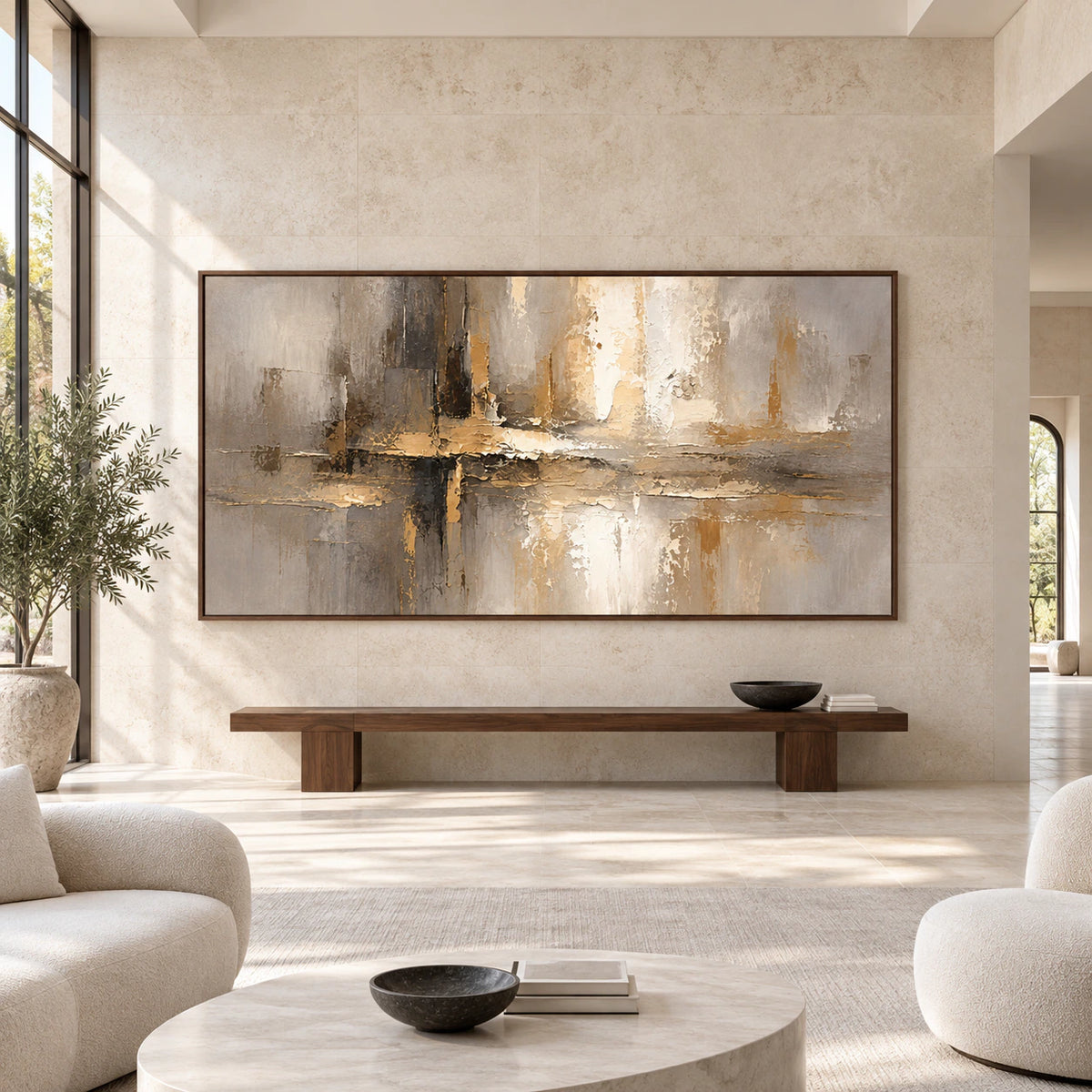 Gilded-Intersection displayed large and straight-on in a spacious architectural interior.