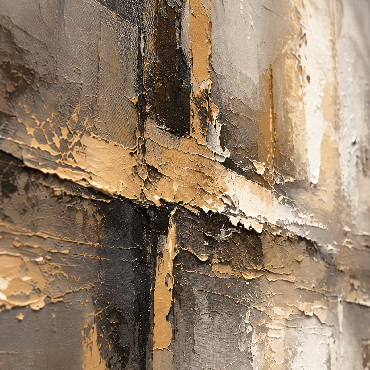 Gilded-Intersection oil painting brushwork and impasto detail photographed from an oblique side angle