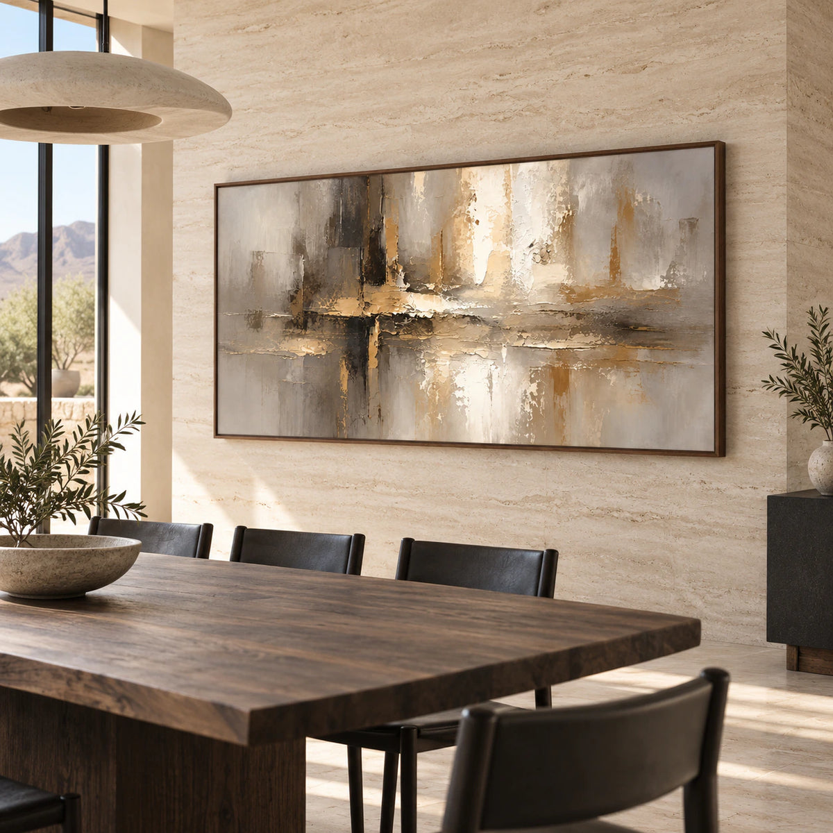 Gilded-Intersection anchoring a refined daylight dining room.