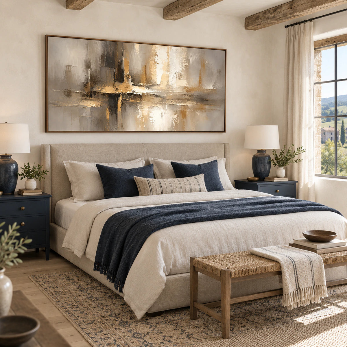 Gilded-Intersection displayed above a low bed in a quiet bedroom.