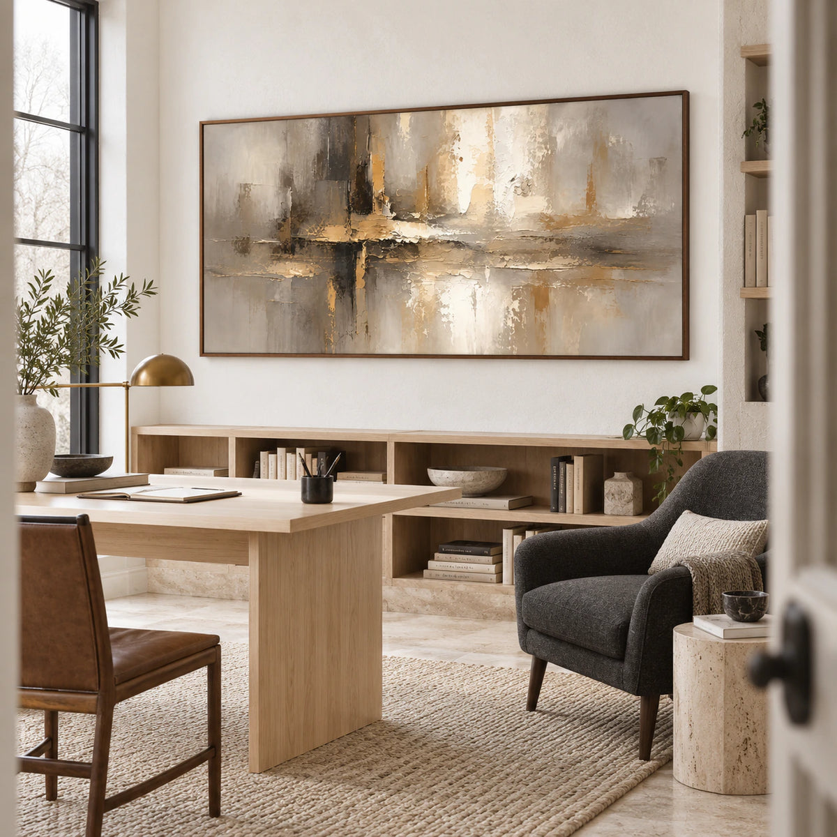 Gilded-Intersection in an airy home office reading space.