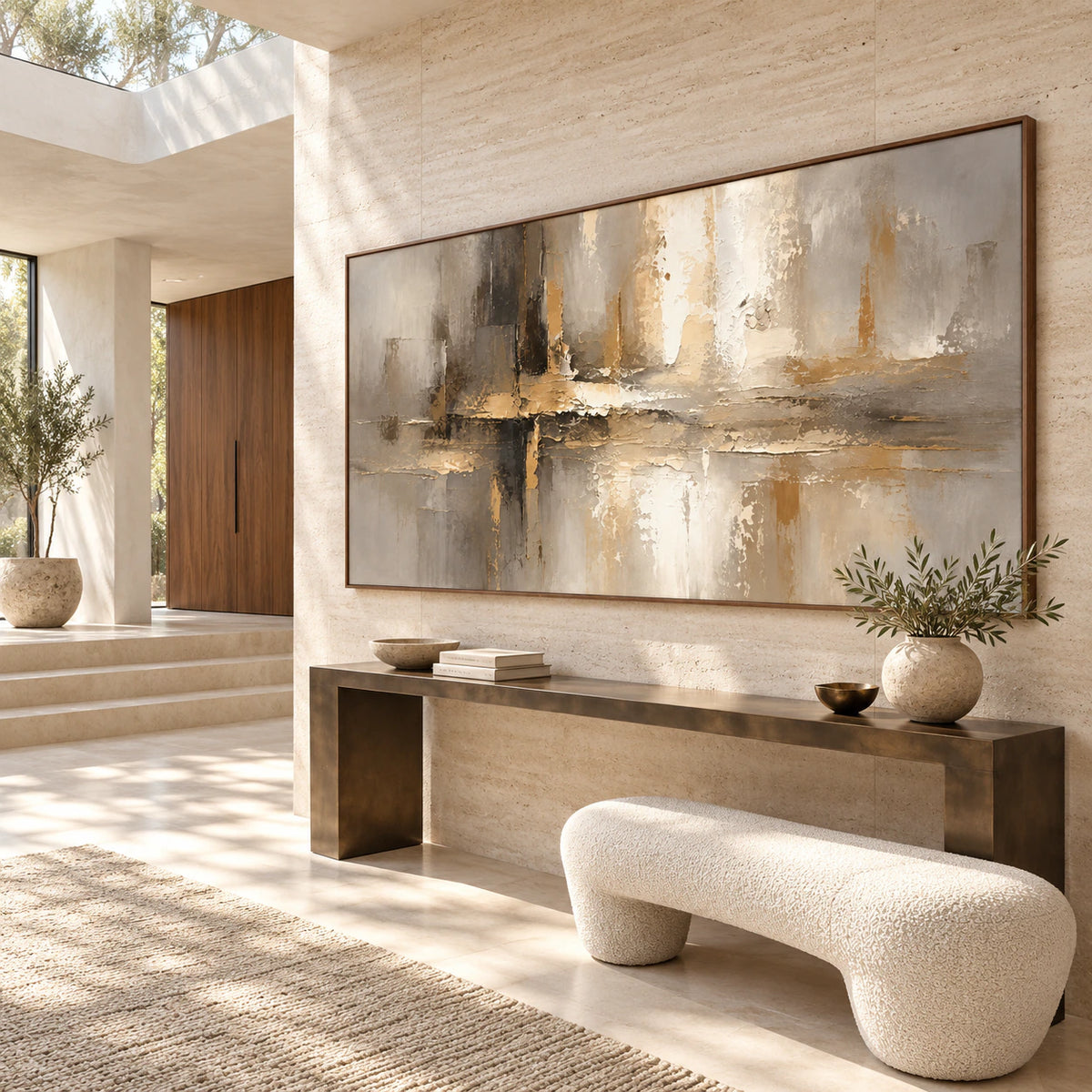 Gilded-Intersection at gallery scale in a bright stone foyer.