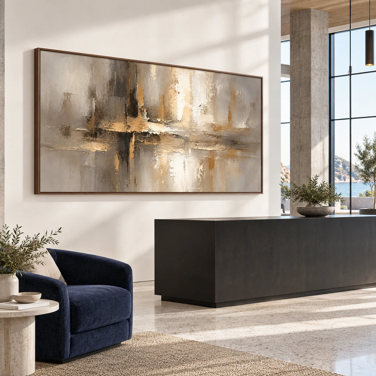 Gilded-Intersection as the focal point of an expansive loft hospitality interior.
