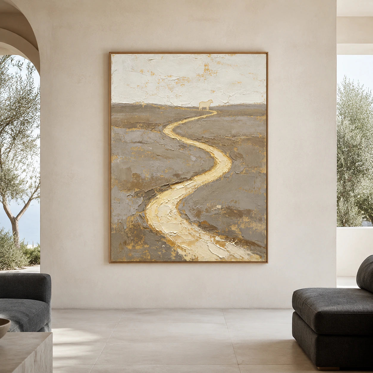 Gilded-Meander displayed at large scale in a bright, spacious architectural living room.