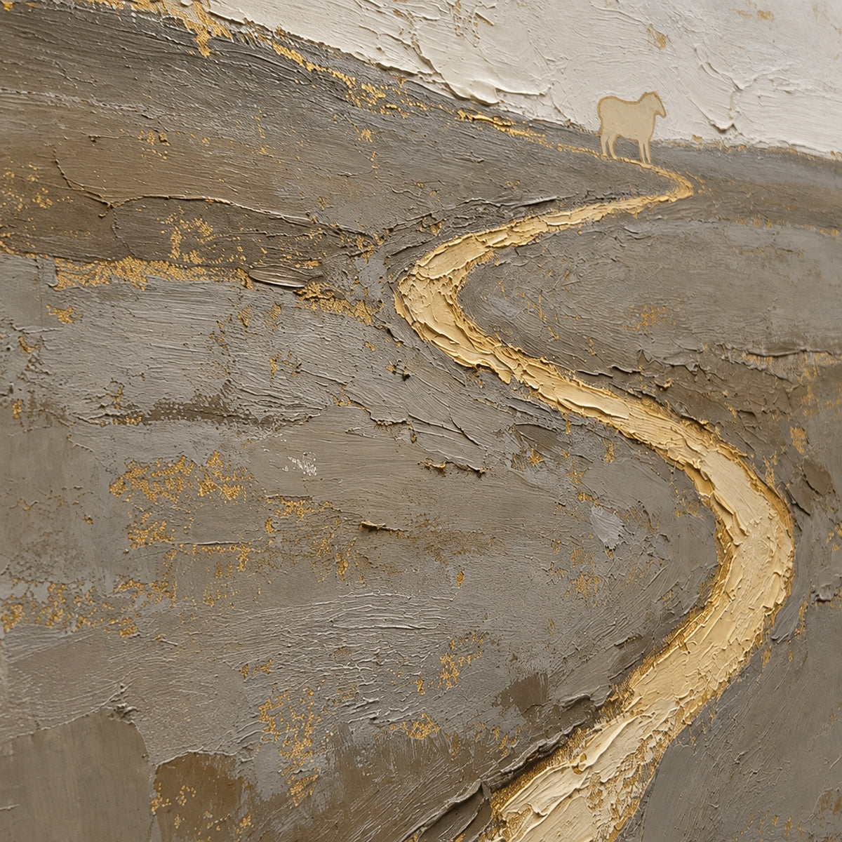 Gilded-Meander oil painting brushwork and impasto detail photographed from an oblique side angle