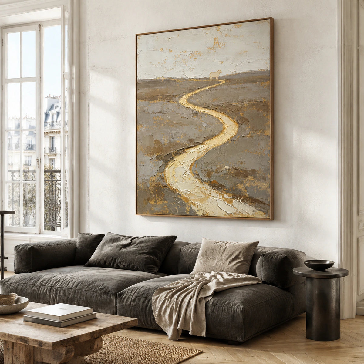 Gilded-Meander above a restrained sofa in a bright contemporary living room.