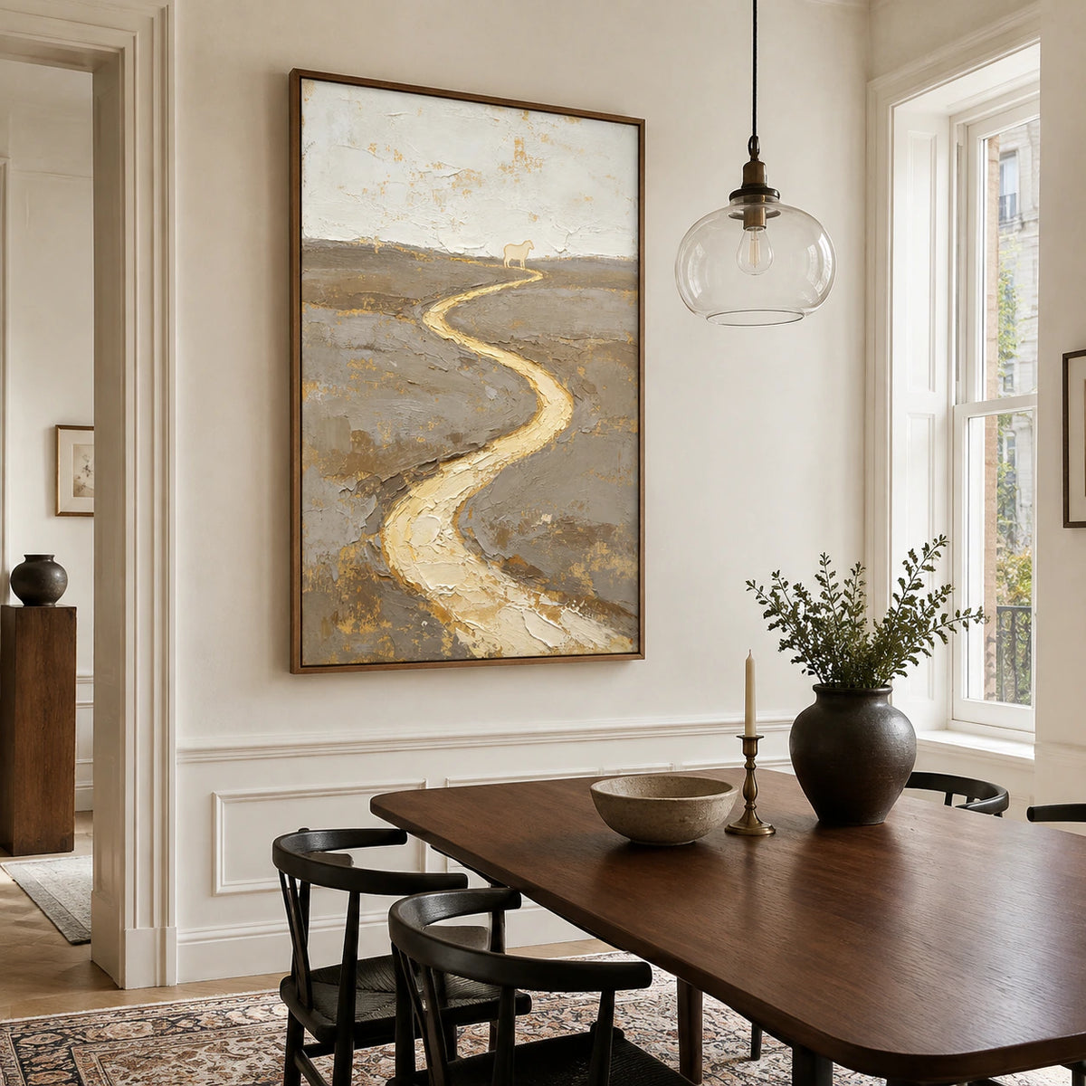 Gilded-Meander as the focal artwork in a refined daylight dining room.