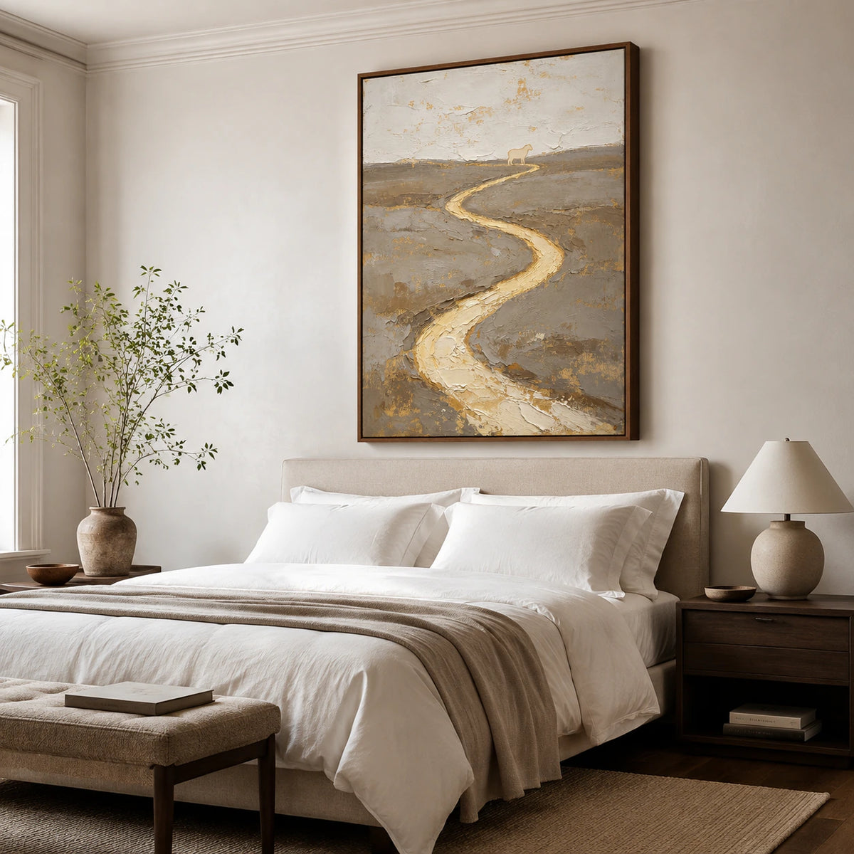 Gilded-Meander above a low bed in a quiet, softly lit bedroom.