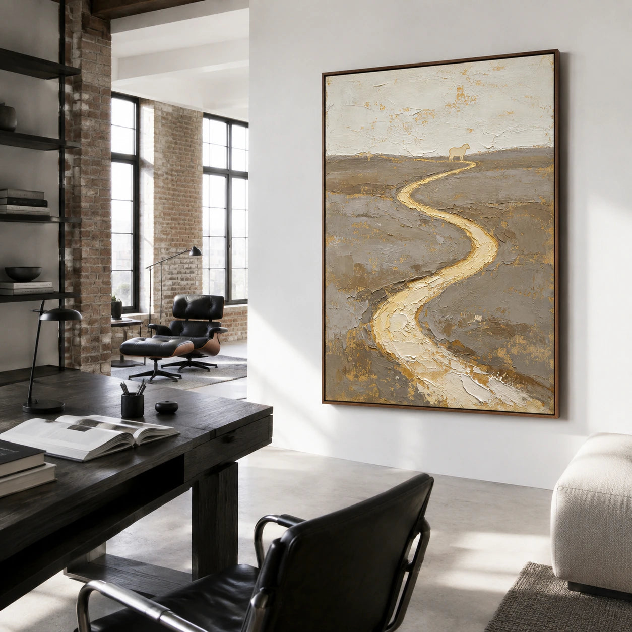 Gilded-Meander in an airy home office reading space with natural daylight.