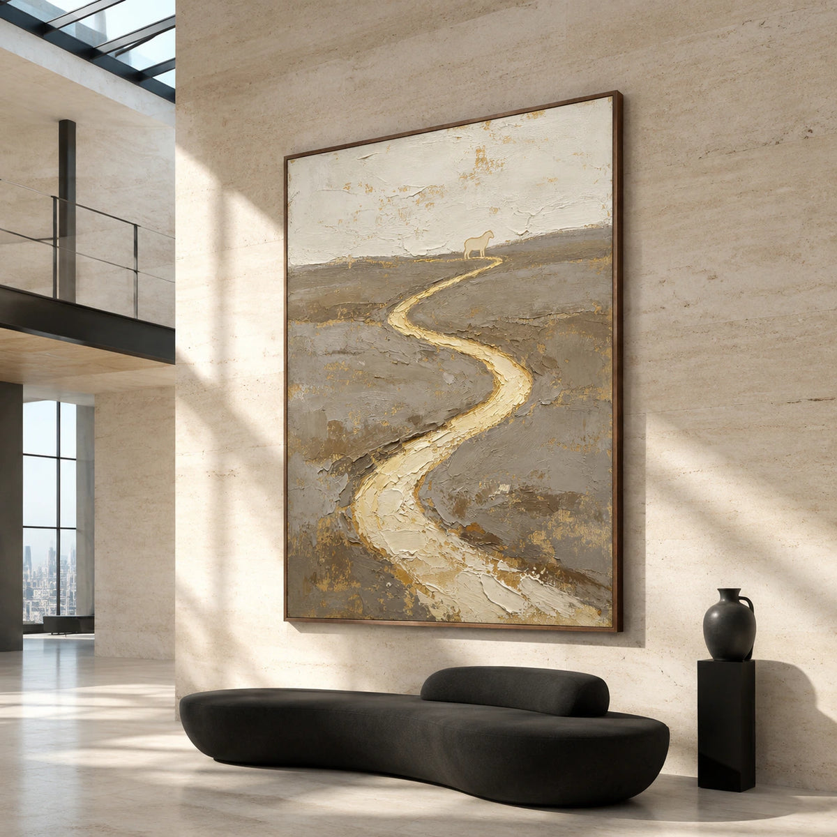 Gilded-Meander at gallery scale in a luminous stone foyer.