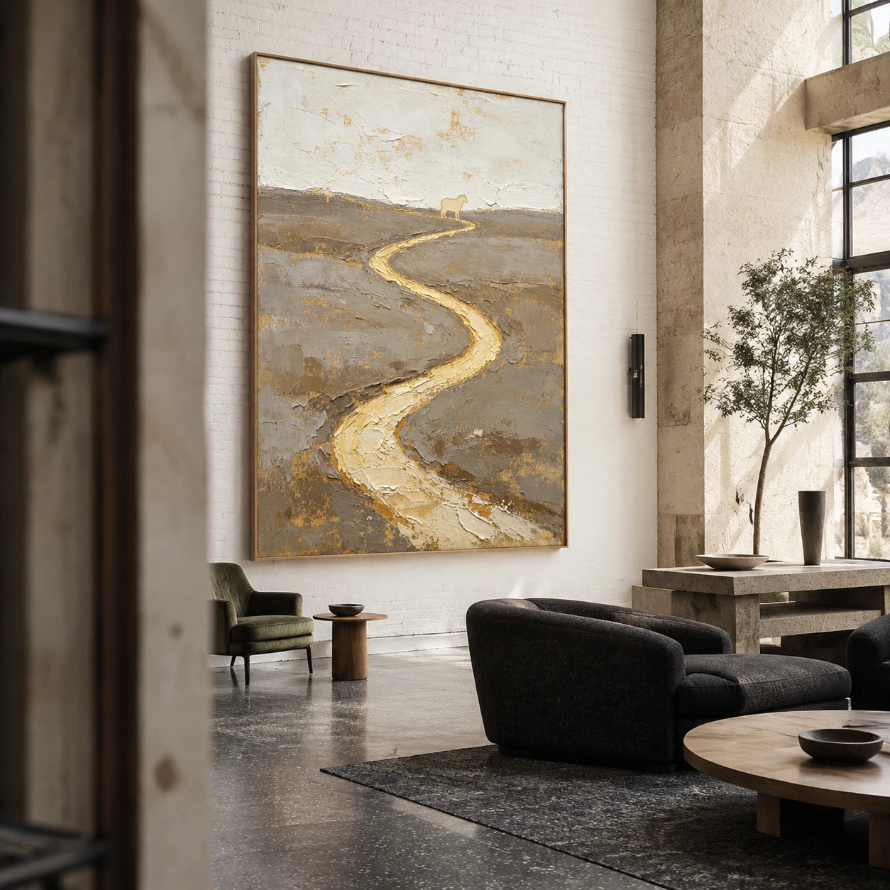 Gilded-Meander anchoring an expansive hospitality loft interior.