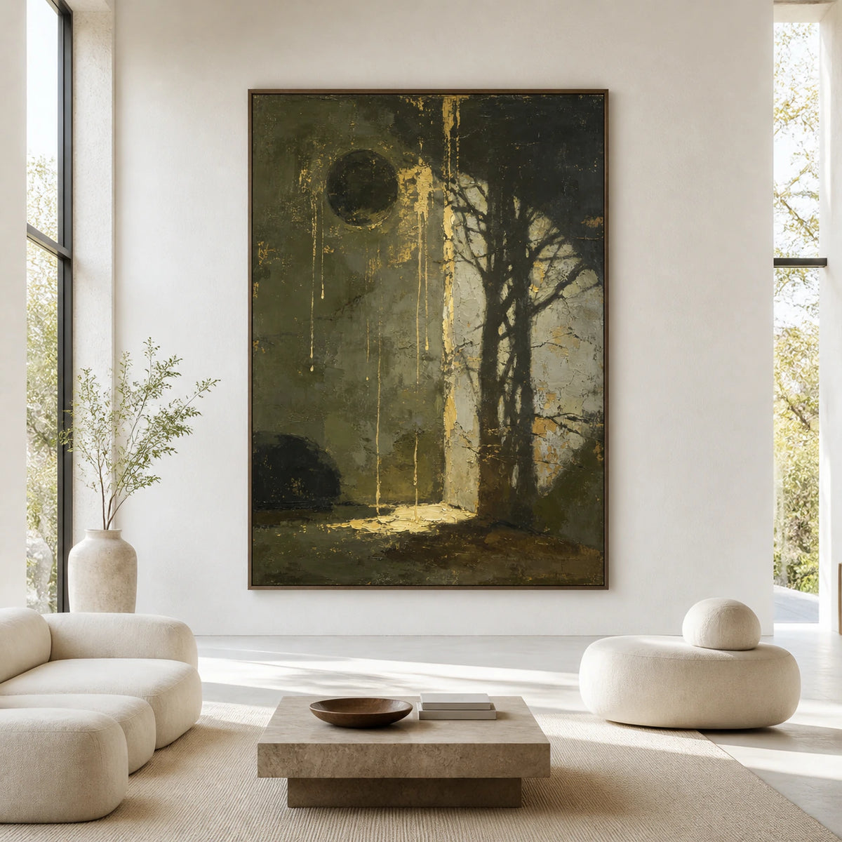 Large vertical olive, charcoal and gold abstract painting displayed straight-on in a spacious contemporary interior.
