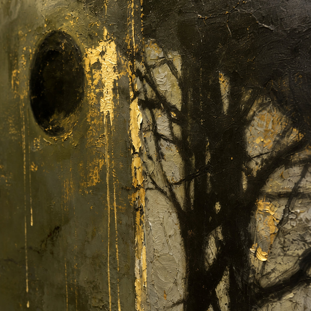 Gilded-Obscura oil painting brushwork and impasto detail photographed from an oblique side angle