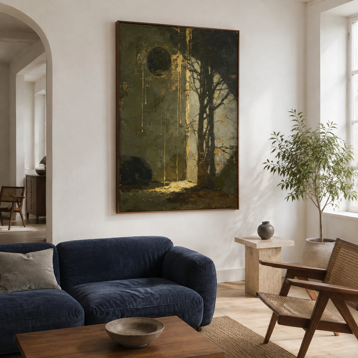 Vertical textured olive, charcoal and gold abstract painting above a sofa in a bright living room.