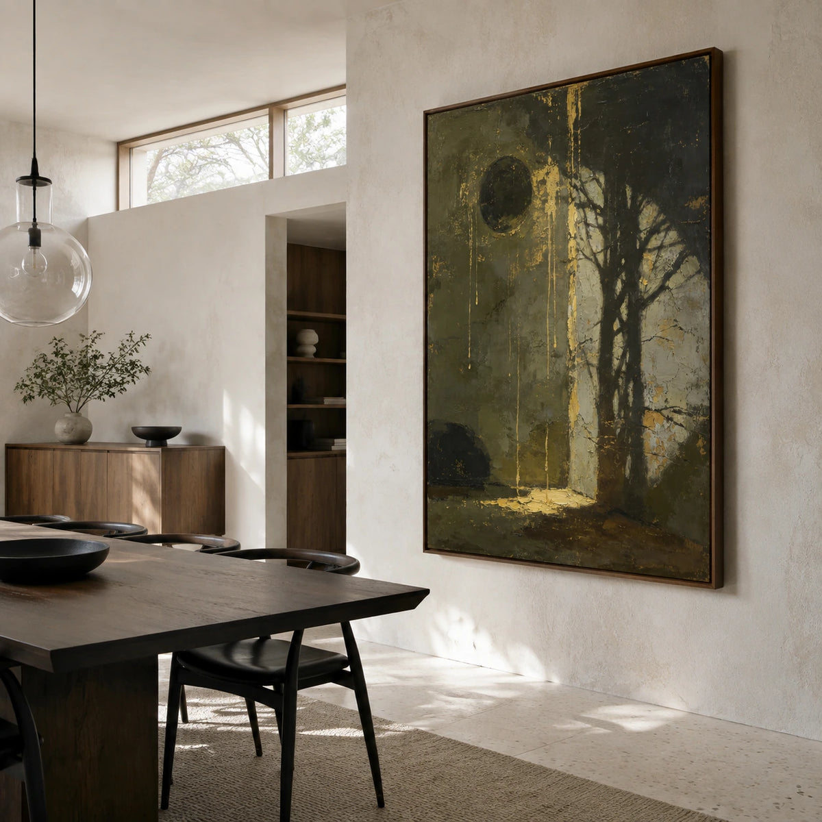 Vertical olive, charcoal and gold abstract painting in a refined daylight dining room.