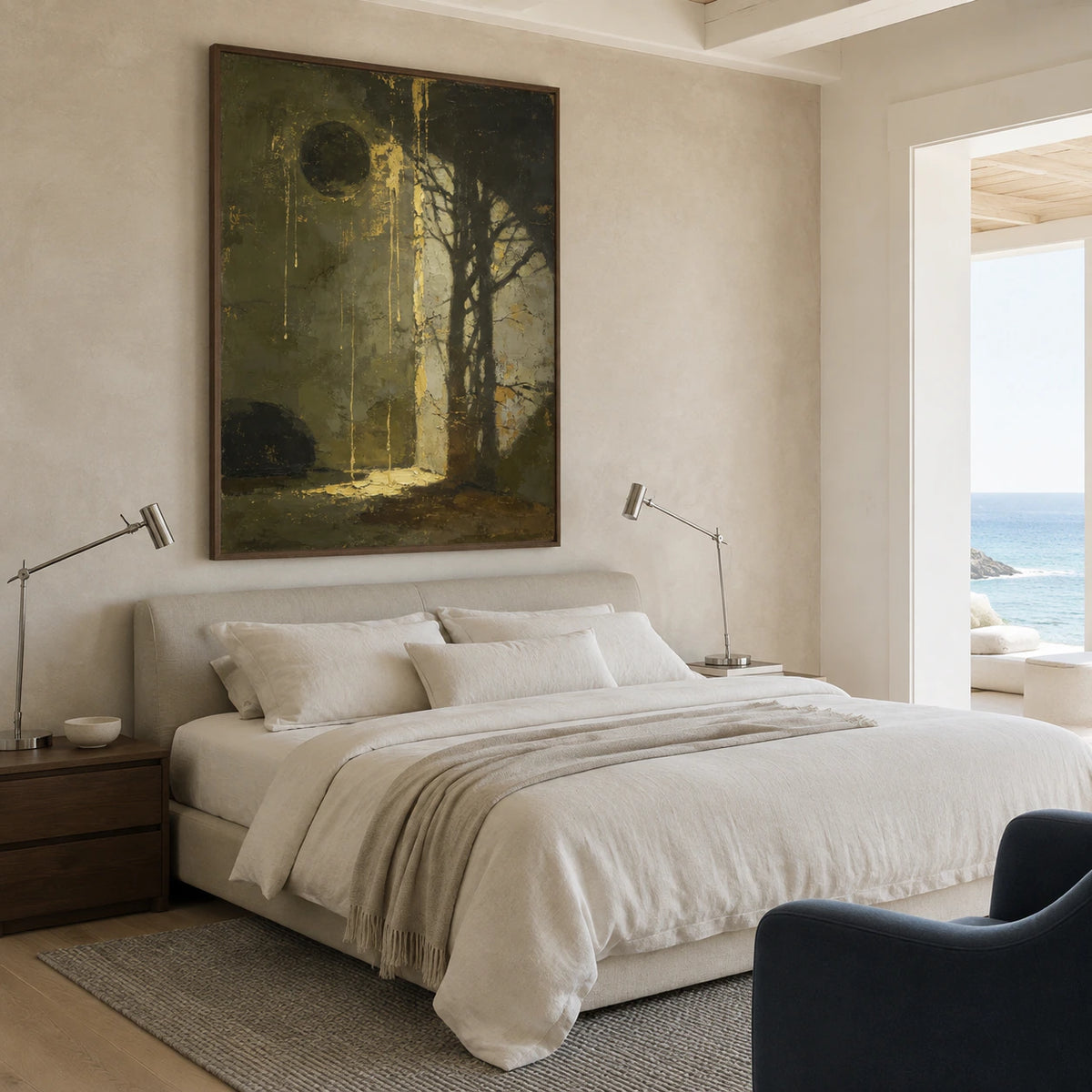 Vertical textured abstract painting in olive, charcoal and gold in a quiet bedroom.