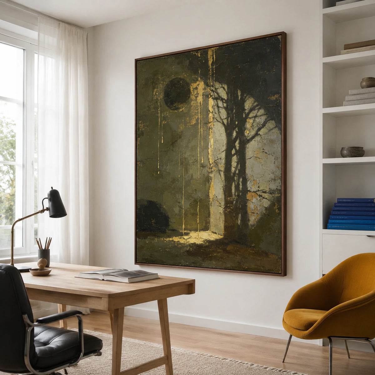 Olive, charcoal and gold vertical abstract painting in an airy reading office.