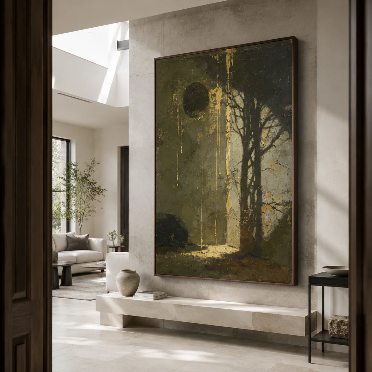 Large vertical textured abstract painting in olive, charcoal and gold in a gallery-scale foyer.
