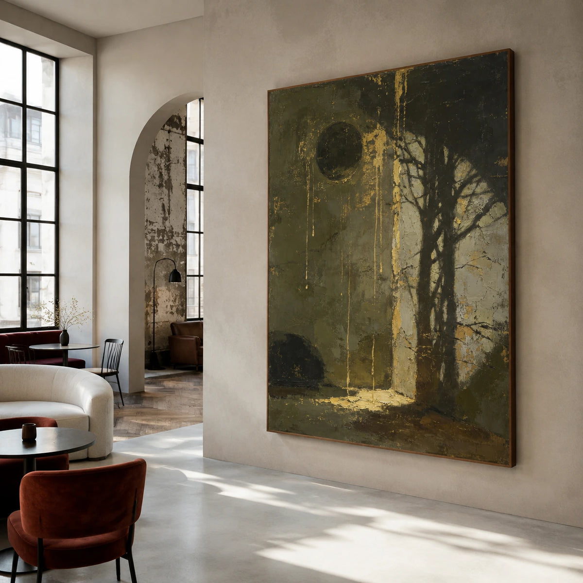 Olive, charcoal and gold vertical abstract painting in an expansive loft hospitality interior.