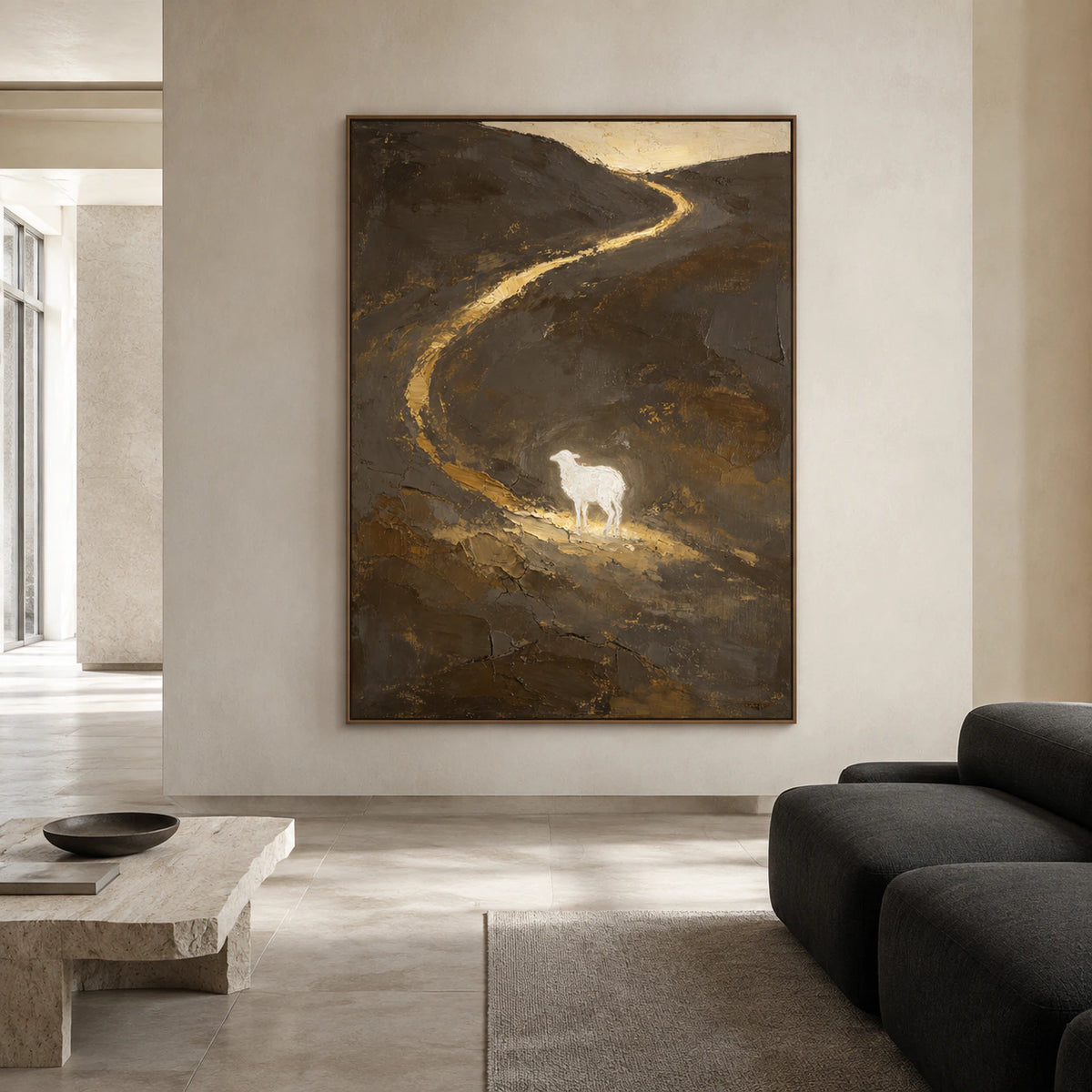 Large straight-on gallery view featuring the vertical umber and gold lamb landscape at an imposing scale.