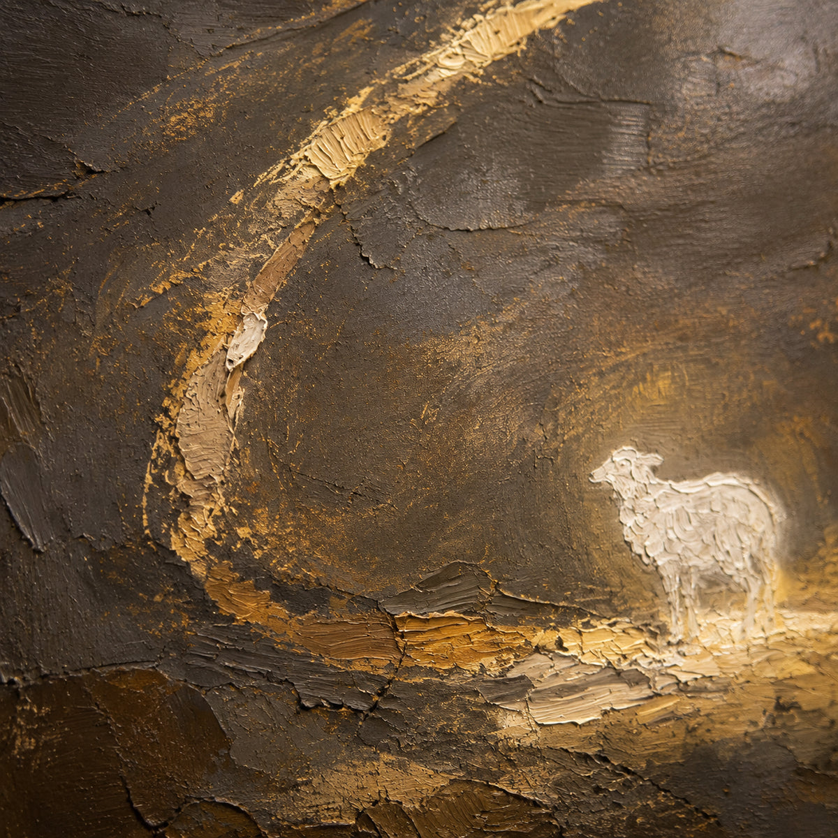 Gilded-Pasture oil painting brushwork and impasto detail photographed from an oblique side angle