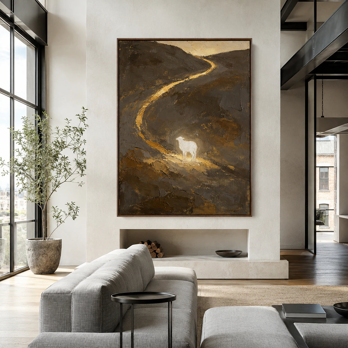 Bright living room centered on the vertical textured landscape with its pale lamb and gilded path.