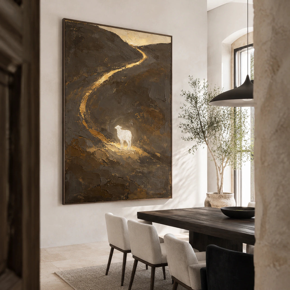 Refined dining room with the earth-toned vertical lamb landscape as the focal artwork.