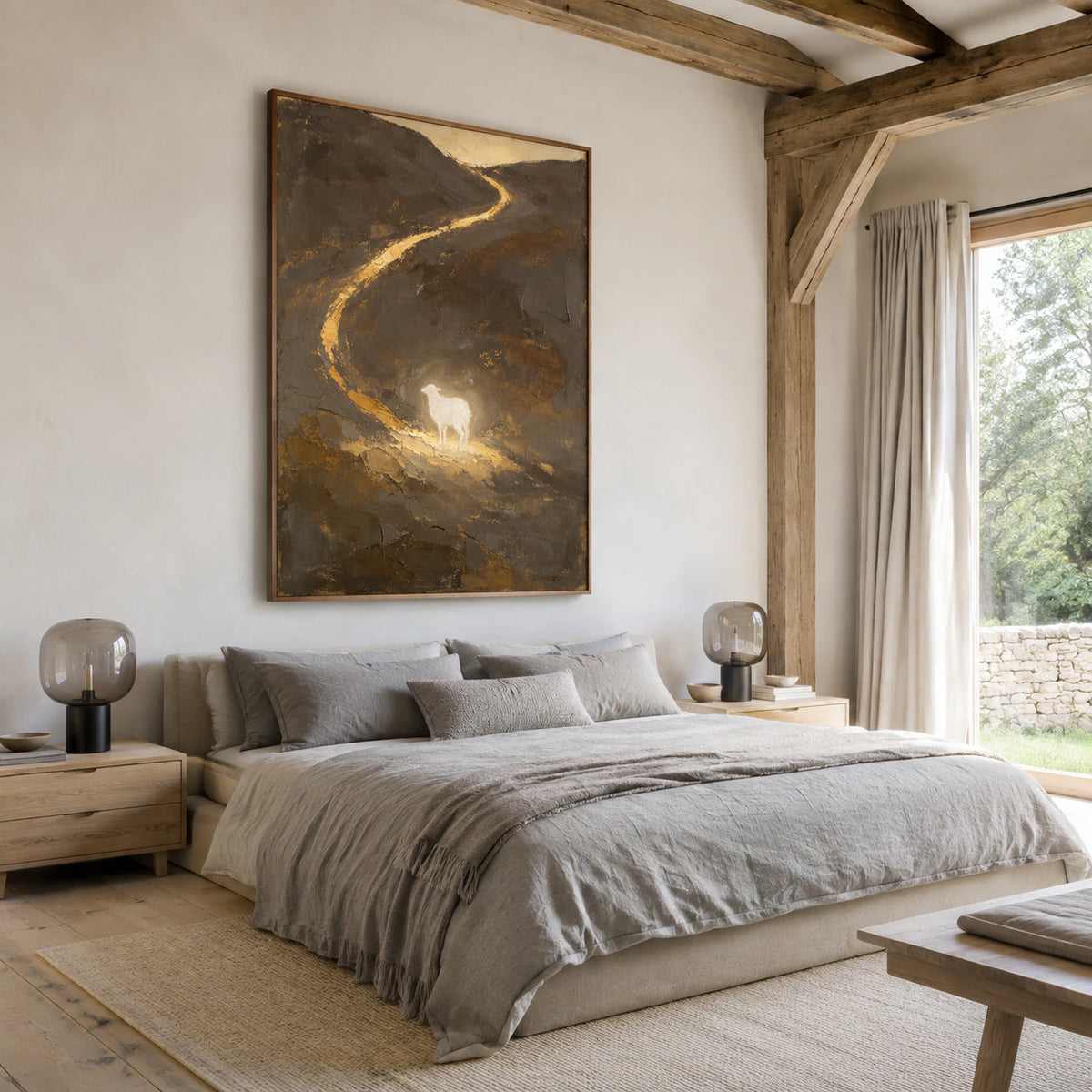 Quiet bedroom featuring the dark, textured landscape and luminous pale lamb above a low bed.