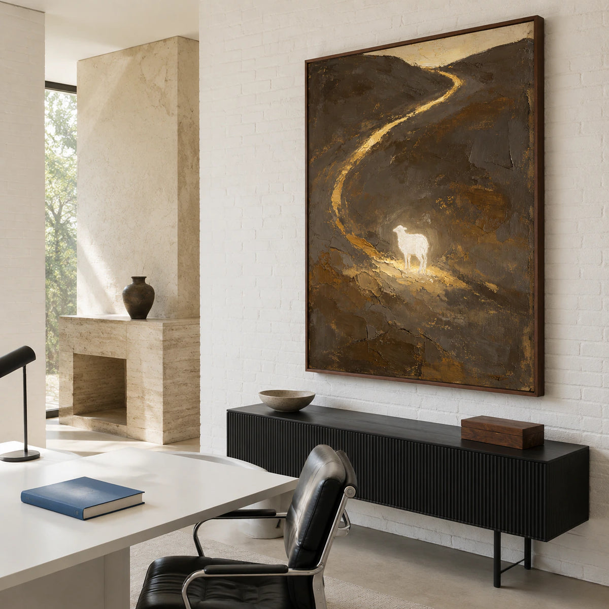 Airy reading space with the vertical gilded landscape displayed as the defining visual element.