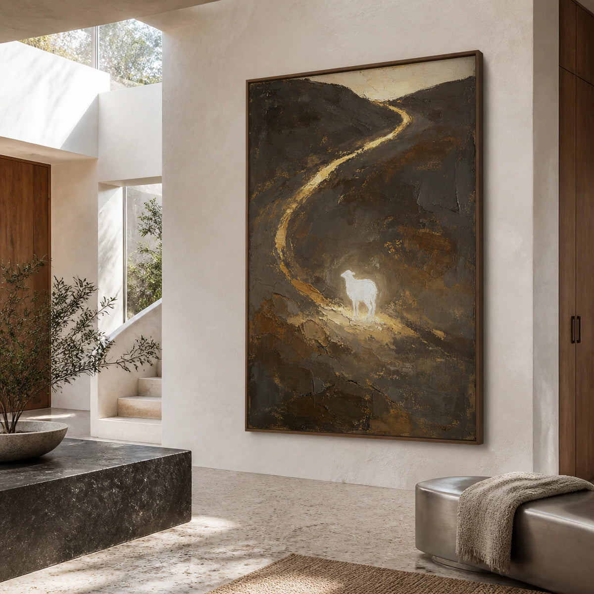 Gallery-scale foyer centered on the large vertical lamb landscape in warm earth tones.