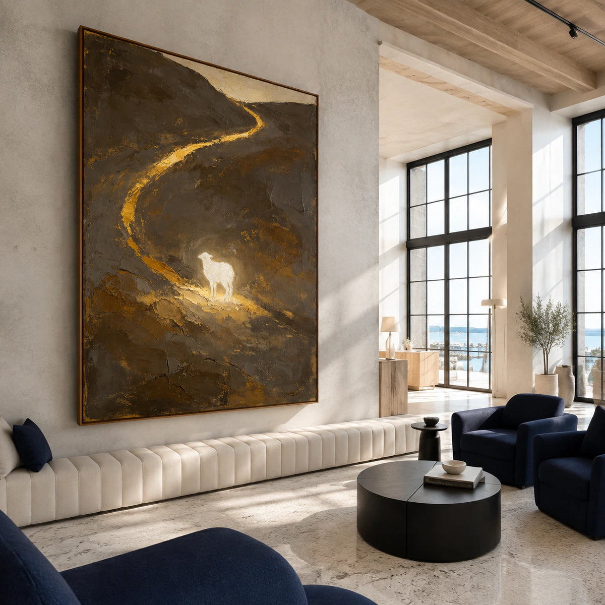 Expansive loft hospitality interior featuring the textured vertical landscape at architectural scale.