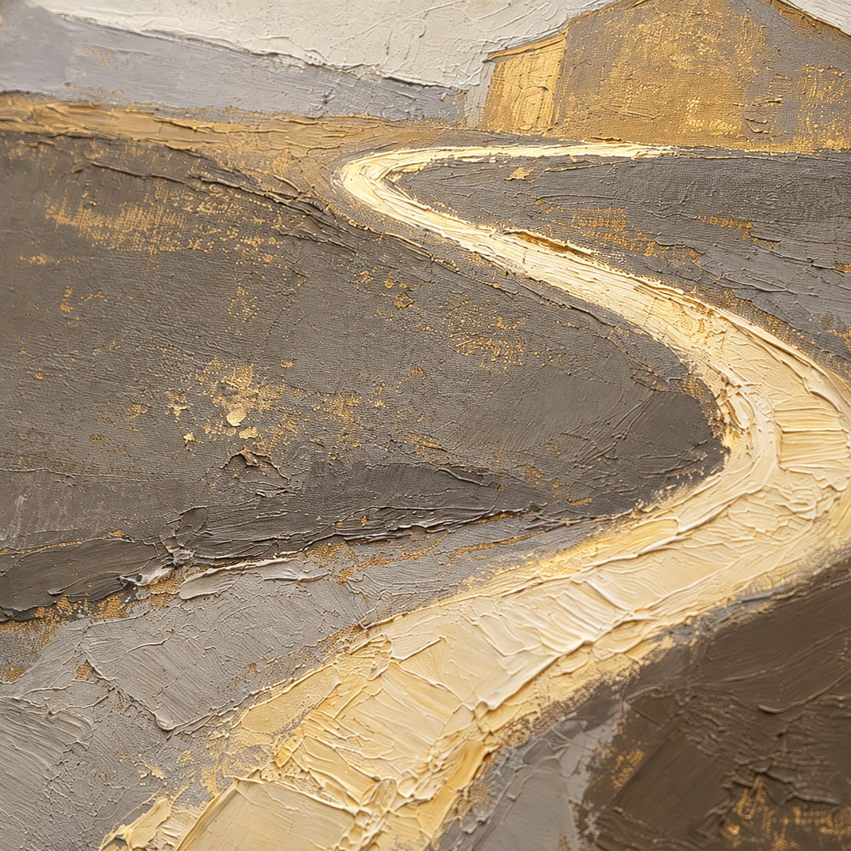 Gilded-Path oil painting brushwork and impasto detail photographed from an oblique side angle