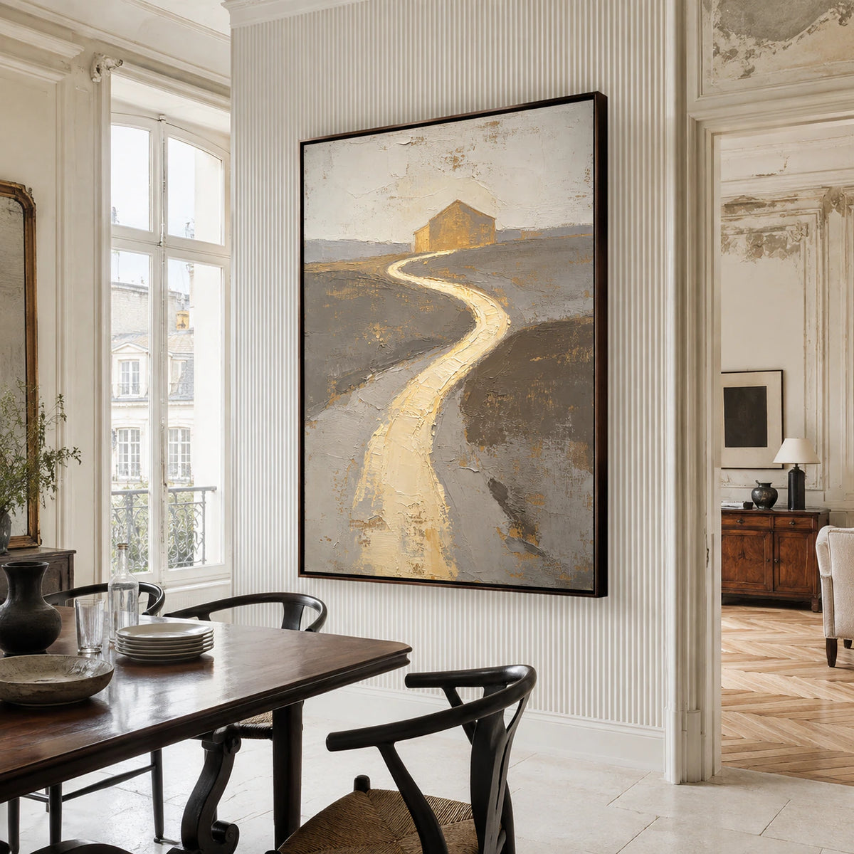 Gilded-Path as the focal artwork in a refined daylight-filled dining room.