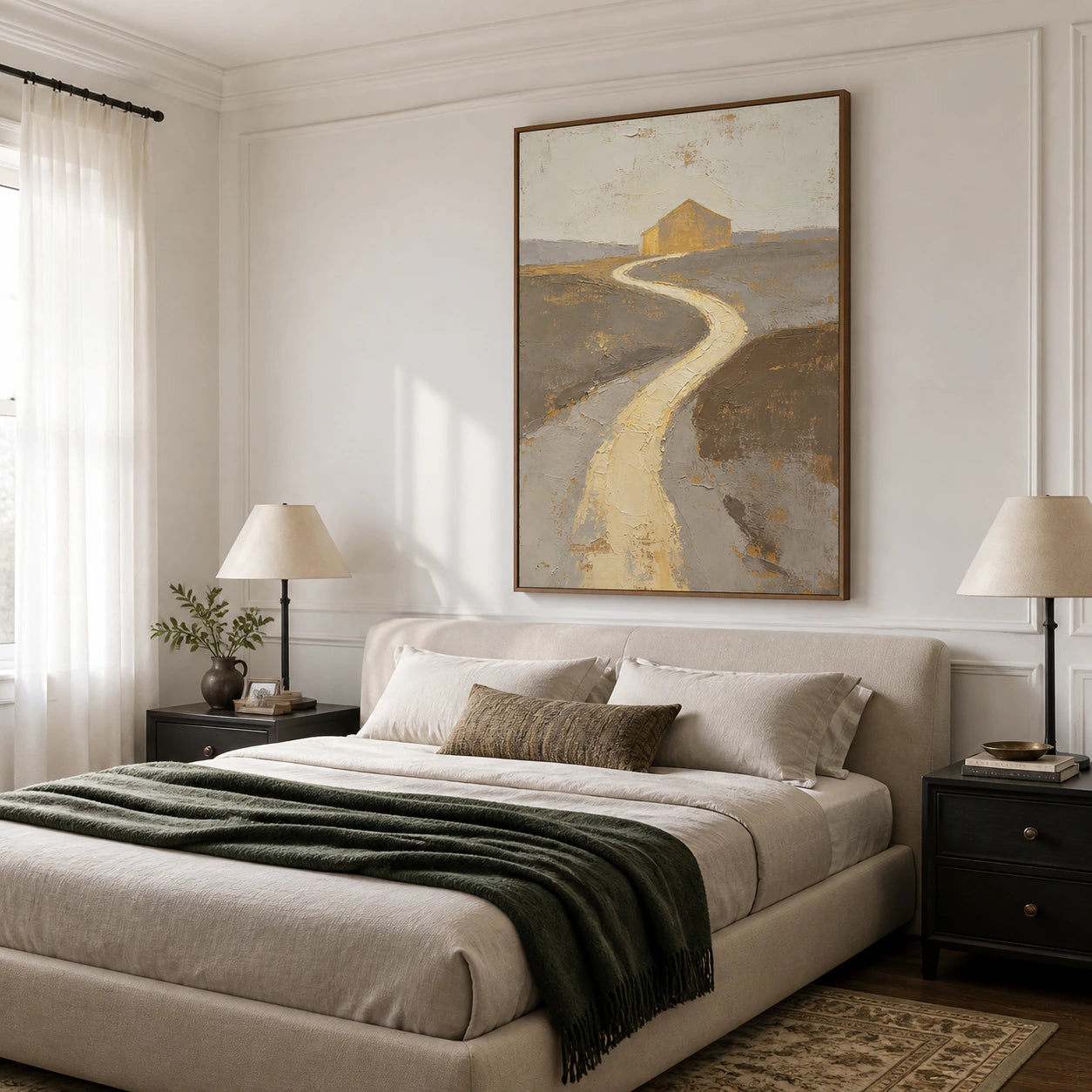 Gilded-Path above a low upholstered bed in a quiet neutral bedroom.